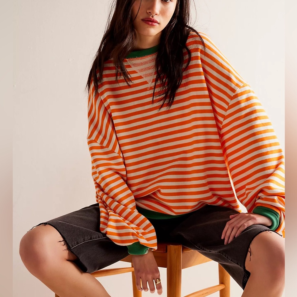 NWOT free people classic striped oversized crewneck orange combo